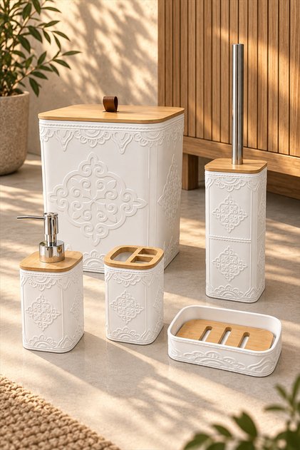 Doğal Bambu Detaylı 5 Parça Banyo Seti, Beyaz, 8 litre, 21 x 19 x 25 cm