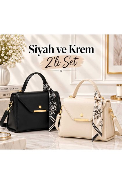 Siyah Ve Krem 2'li Suni Deri Fular Detaylı Omuz& El Çantası