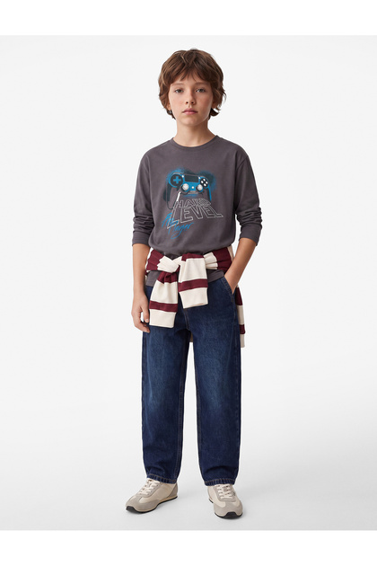 Game Themed Printed Crew Neck Long Sleeve Cotton T-Shirt