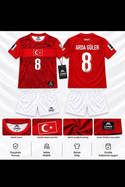 Türk Bayraklı Ay Yıldızlı 8 Numara Arda Güler Çocuk Futbol Mikro T-shirt Seti