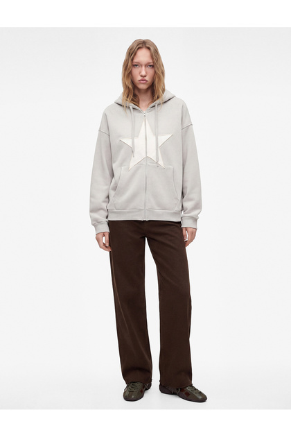 Three-Thread Embroidered Star Embellished Kangaroo Pocket Hooded Zippered Oversize Sweatshirt