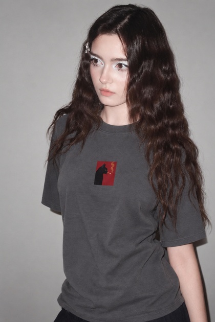 Women's Oversize T-Shirt Noir Cat Printed Smoked – Crew Neck, Comfortable Fit, 100% Cotton