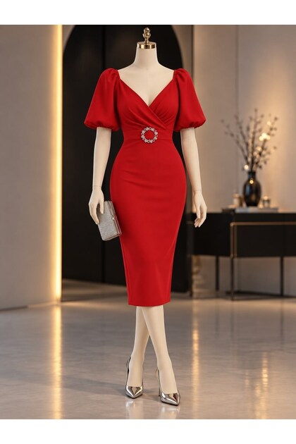 Self Belted Crepe Fabric Short Sleeve Dress 582439 Red
