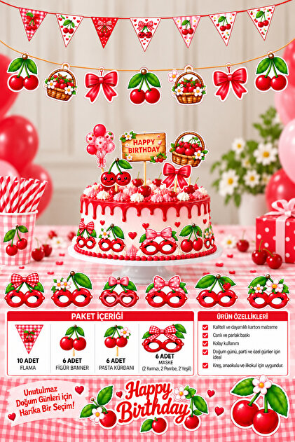 Cherry Themed Birthday Decoration Set 10-Piece Pennant 6-Piece Figure Banner 6-Piece Cake Picks 6-Piece Mask