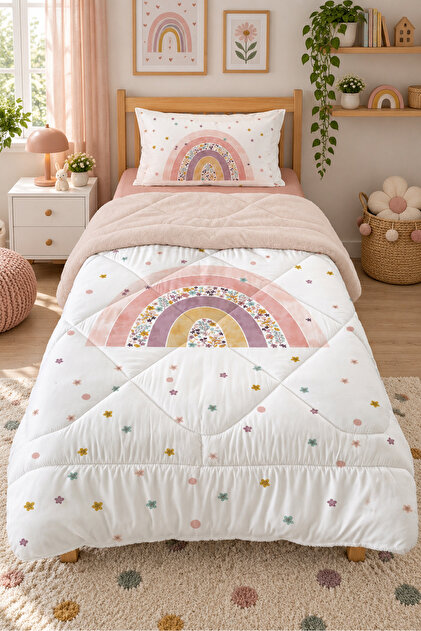 Rainbow and Wildflower Patterned Single 160X220 cm Welsoft Double-Sided Quilt and Sleeping Set
