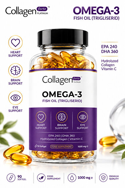 Omega-3 Balık Yağı 90 X 1000mg Softgel, Hidrolize Kolajen & C Vitamini