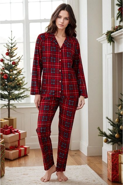 Women's Plaid Patterned Winter Buttoned Suede New Year Themed Christmas Pajamas Set