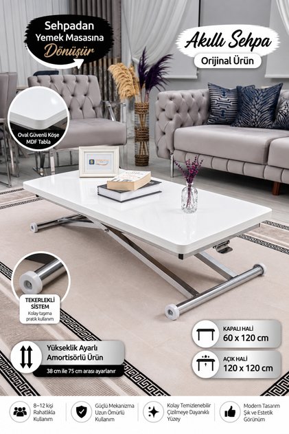 Akıllı Sehpa Home Üst Tabla Mdf Beyaz Oval Köşe Alt Ayak Krom Kaplama