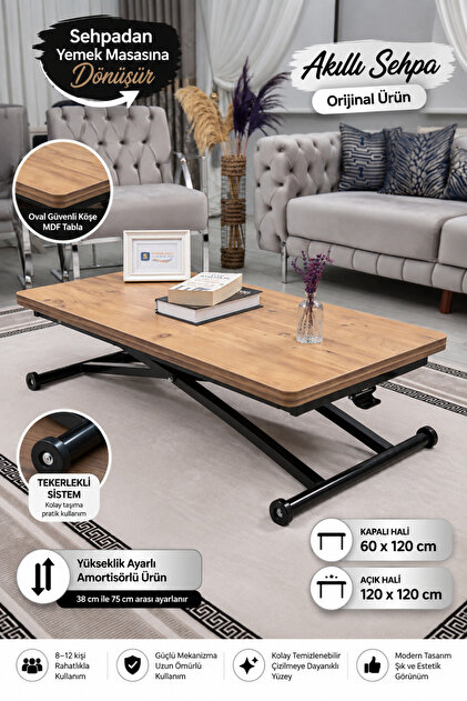 Akıllı Sehpa Home Üst Tabla Mdf Efesçam Oval Köşe Alt Mekanizma Siyah Renk