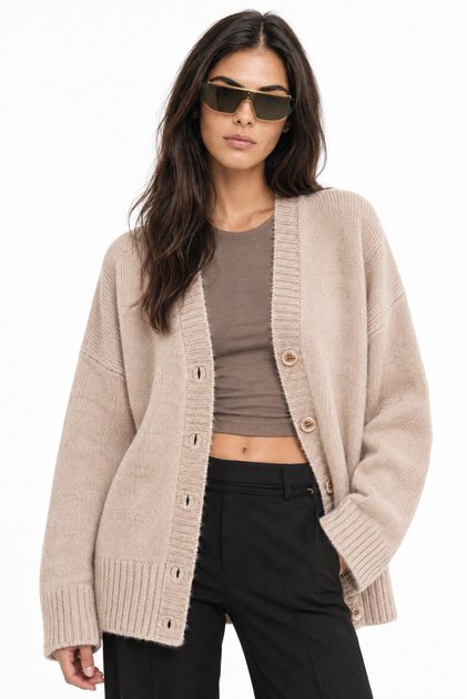 Mixray Buttoned V-Neck Ribbed Knit Cardigan