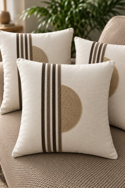 Husă de pernă brodată Punch, cu fermoar, 42x42 cm, cu model geometric, decorativă, crem, 1 bucată