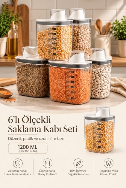 6'lı Vakumlu Hava Geçirmez Beyaz Gıda Saklama Kabı Seti -1200 ML Ölçü Kapaklı Bakliyat Kabı Seti