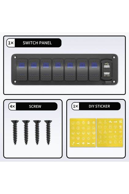 Blue LED DaierTek 7 Gang Rocker Switch Panel Marine Boat Switch Panel Waterproof with USB Charger Vo