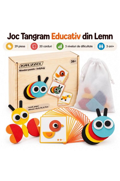 Joc Tangram Educativ din Lemn pentru Copii 3+, 29 Piese, 20 Carduri cu Modele, 3 Niveluri de Dificultate