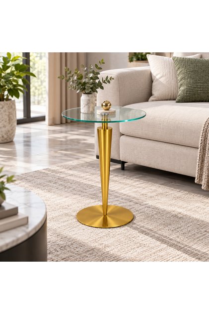 Conical Design Round Glass Service Table - Gold