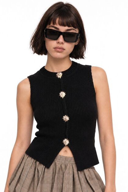 Mixray Button Detailed Textured Knitwear Short Top