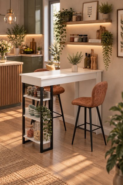 DF01103B 3 Raflı, Yüksek Bar Masası, Dekoratif Mutfak ve Yemek Masası, Şık Beyaz Mutfak Adası