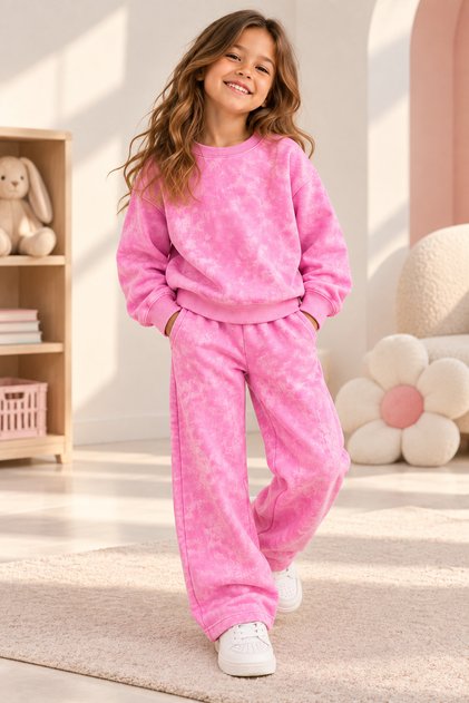 Kız Çocuk Pembe Batik Yıkamalı Sweatshirt Boru Paça Eşofman Altı 2'li Takım