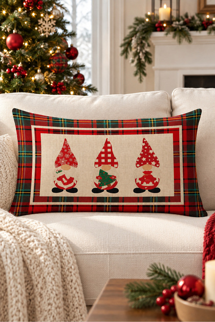 New Year's Themed Dwarf Patterned Velvet Throw Pillow Case 35X55 cm - Decorative Pillow Case