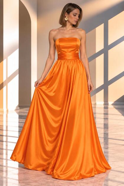 Maxi Length Satin Stylish Strapless Party Dress Cou-7