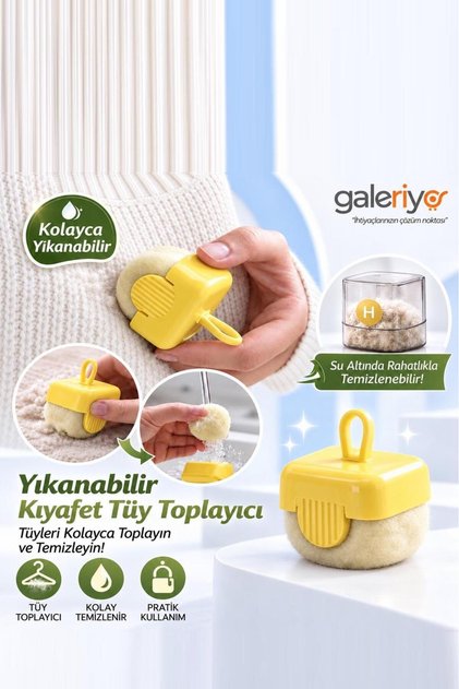Yıkanabilir Mini Tüy Toplama Rulosu | Dahili Hazneli Evcil Hayvan Kıl, Tüy ve Toz Temizleyici Sarı