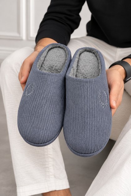 Zaros Roller Striped Plush Fabric Anti-Slip Sole Men's House Slippers with Furry Inside