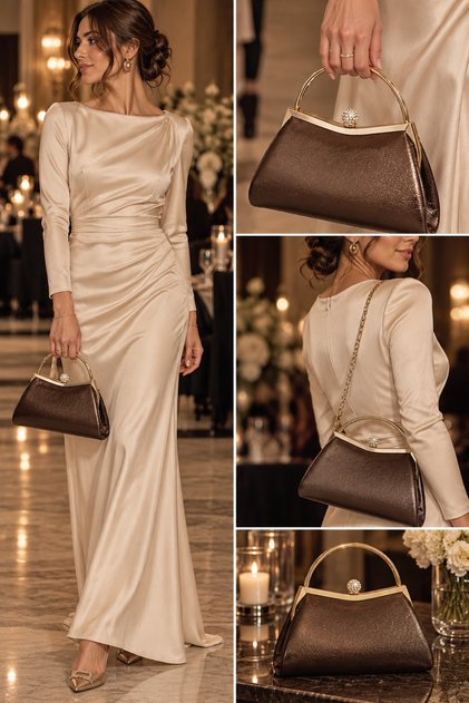 Beegi Women's Wrinkled Skin Copper Dress with Chain Strap for Wedding, Engagement, Party, and Evening Bag