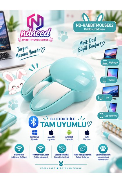 Sevimli Tavşan 3D Mavi Mouse Bluetooth + 2.4G Dual Mode