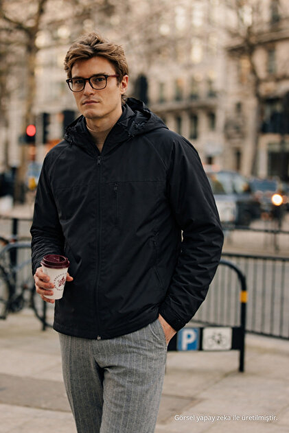 Men's Trend Hooded Loose Black Raincoat with Pockets
