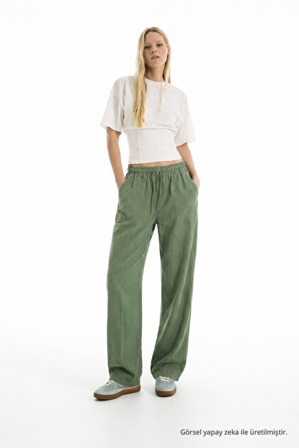 Women's Casual Summer Trend Loose Green Linen Trousers