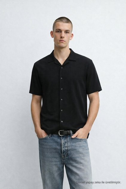 Men's Short Sleeve Stretchy Black Loose-Fit Shirt