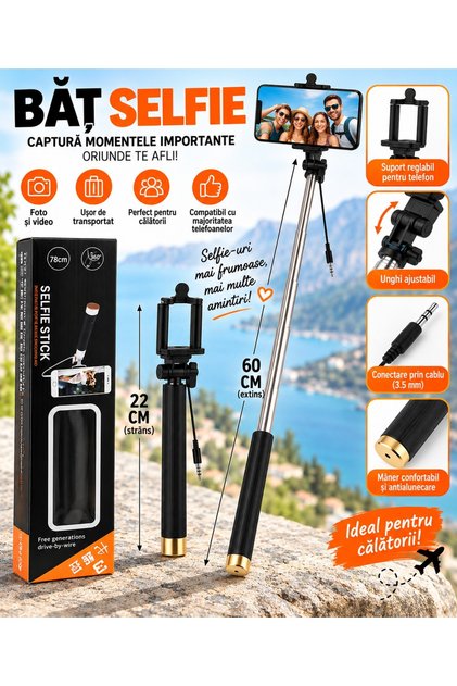 Băț Selfie Telescopic pentru Telefon, 60 cm, Suport Reglabil, Mâner Antialunecare
