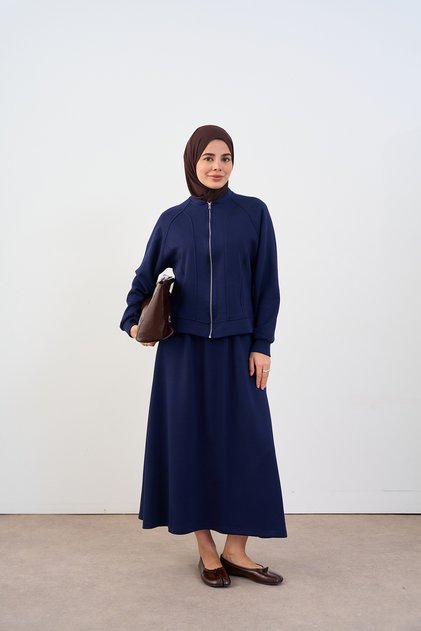 Women's Sewing Detail Zippered Skirt Suit Navy Blue