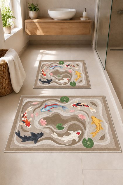 Dekoratif Dijital Baskılı 2 Li Set Banyo Paspası Kaymaz Tabanlı Klozet Takımı