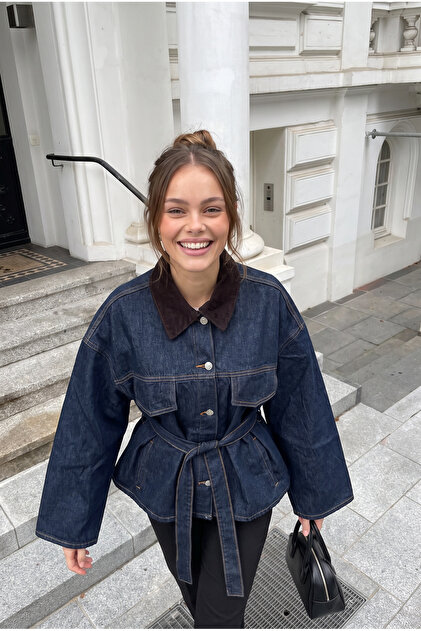 Women's New Season, Navy Blue, Suede Collar, Mobile Belted Denim Jacket