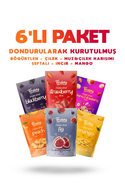 Freeze Dried 6'lı Paket (çilek, mango, böğürtlen, şeftali, incir, muz ve çilek karışımı)