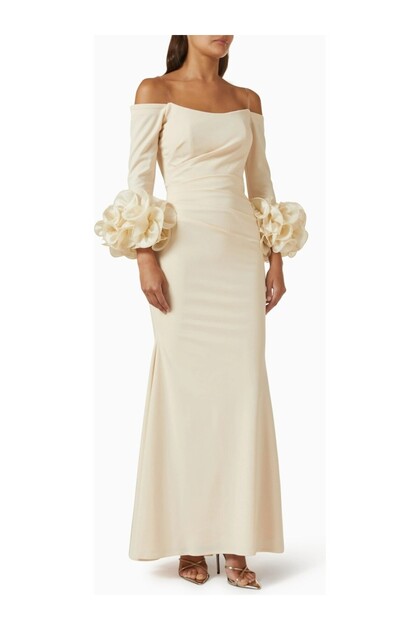 Beige Off-The-Shoulder Floral Applique Dress, Modern Romance
