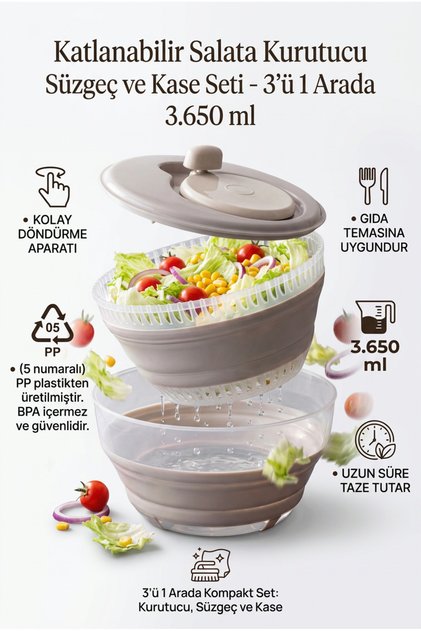 Katlanabilir Salata Kurutucu Süzgeç ve Kase Seti 3650 ml 3'ü 1 Arada