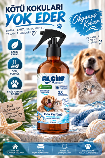 Kedi Köpek Koku Giderici Sprey 250 ml – Kedi Çiş ve İdrar Kokusu Giderici, Okyanus Oda ve Tekstil Parfümü