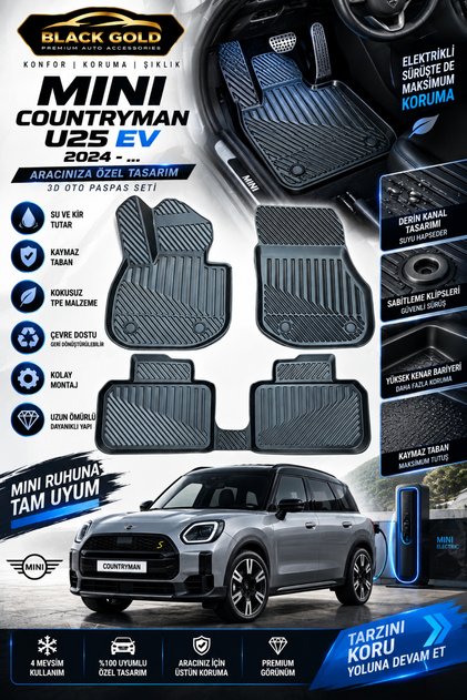 MINI Countryman U25 EV 2024+ Elektrikli 3D TPE Kauçuk Oto Paspas | Araca Özel Kalıp Yüksek Havuzlu Kokusuz Kaymaz 4 Mevsim Paspas Seti