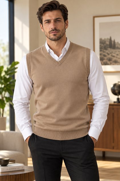 Men's 100% Cotton V-Neck Sweater Classic Cut Sleeveless Knitwear Pullover