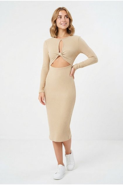 Women's Long Sleeve Thick Ribbed Stylish Casual Dress with Chest and Belly Detail