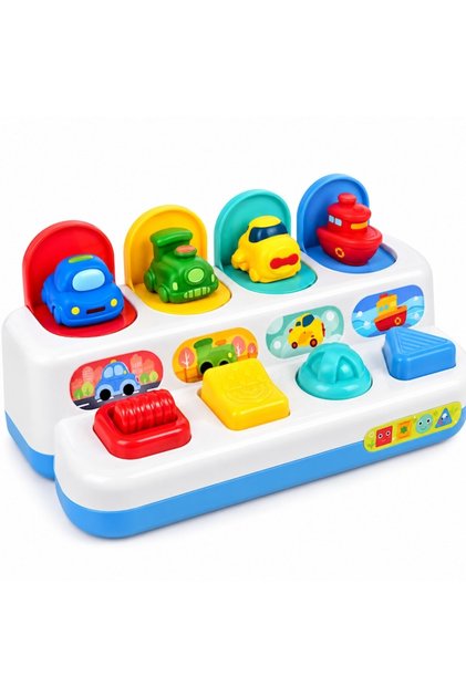 Jucărie educativă Vehicule Pop-Up, 4 în 1, Mecanisme interactive, 25 x 13 x 12 cm, Plastic, Multicolor