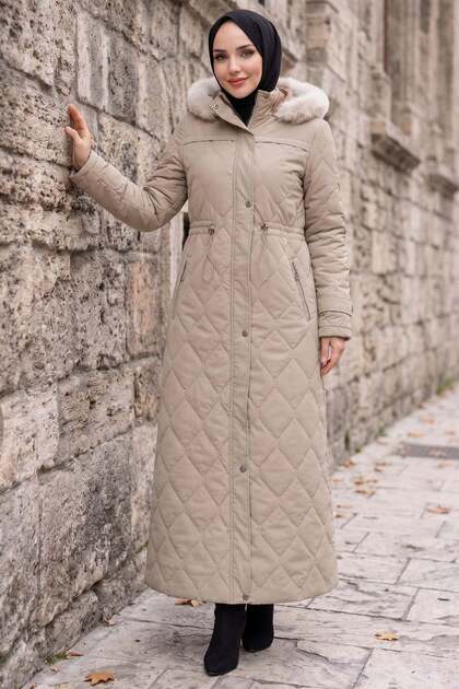 Baklava Pattern Full Length Nova Quilted Plus Size Coat Beige Hnt2802