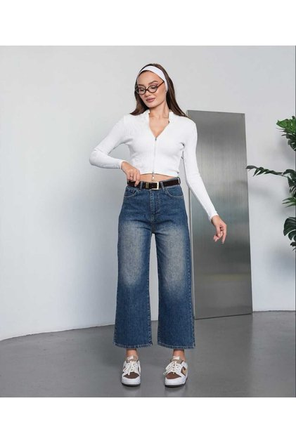 Women's High Waist Belted Ankle Length Loose Wide Leg Jeans