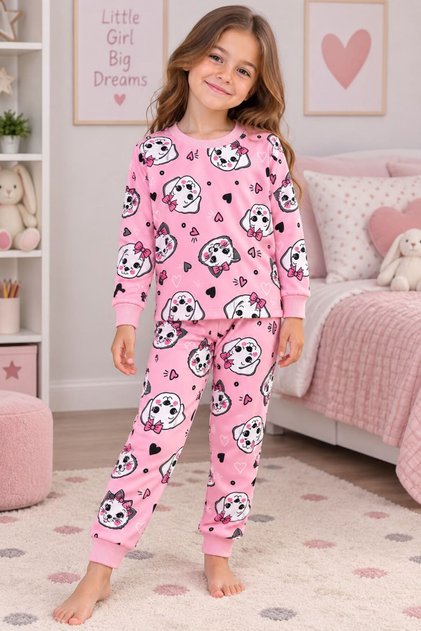 Kız Çocuk Pamuklu Pembe Sevimli Köpek Kalp Desenli Uzun Kollu Mevsimlik Pijama Takımı