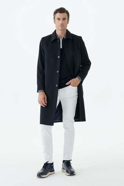 Navy Blue Comfort Fit Baby Collar Buttoned Woolen Coat