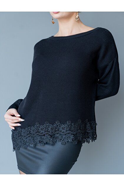 Asymmetrical Cut Hem Lace Trim Knit Sweater