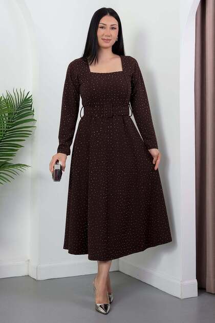 Square Neck Long Sleeve Flared Dress with Stones 2026-5005