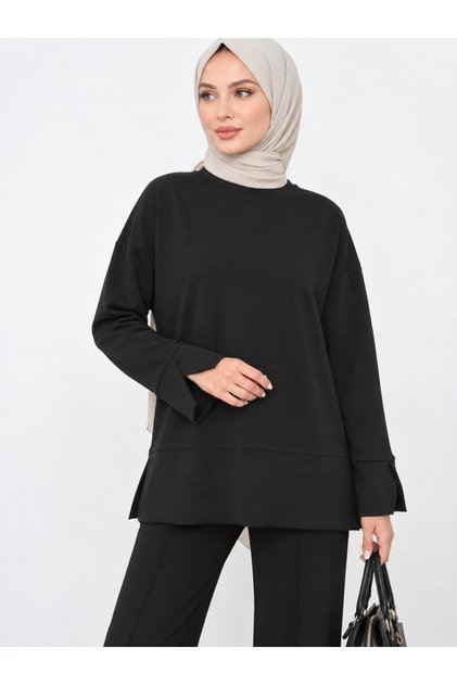 Kadın Siyah Yırtmaçlı Modal Kumaş Bisiklet Yaka Oversize Tesettür Tunik Sweatshirt